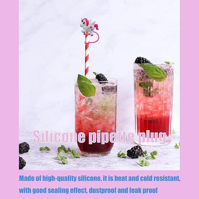11Pcs Cute Silicone Straw Covers Cap,RENUIS Straw Cap Toppers for Tumblers,Reusable Portable Drinking Straw Tips Lids, Dust-Proof Straw Plugs Soft Protector Cover for 6-8 mm Straws (Unicorn Theme)