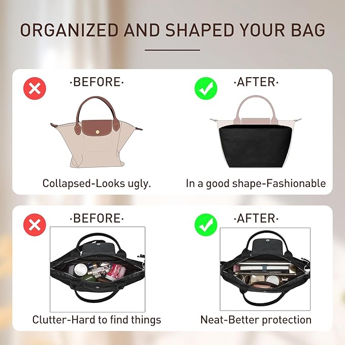 Doxo Purse Insert Organizer Compatible with Long Champ S Handbags & More, Super Lightweight Waterproof Longchamp Small Organizer Insert, Keeps Handbags Shaped&Neat(Black, S)