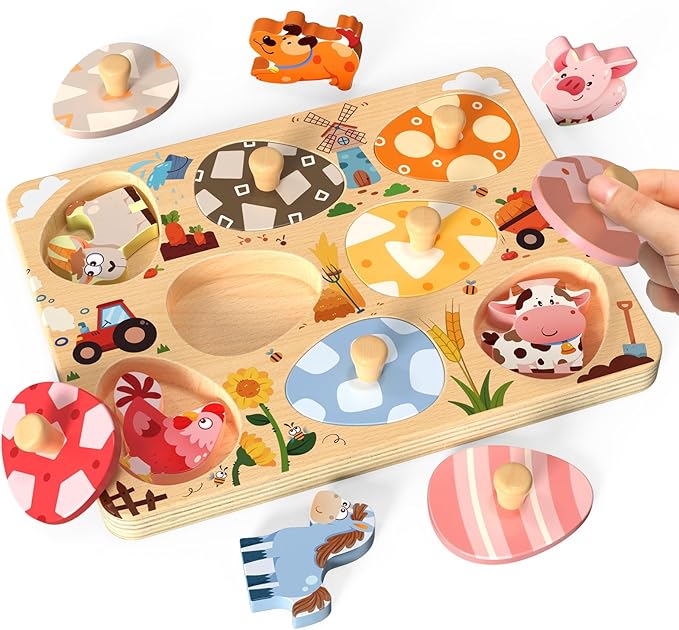 Zeoddler Wooden Puzzles for Toddlers, 8 Pcs Farm Animal Matching Egg Puzzle, Montessori Toys for Boy Girl Easter Birthday Gifts, Preschool Learning Activities & Educational Toys for Boys, Girls
