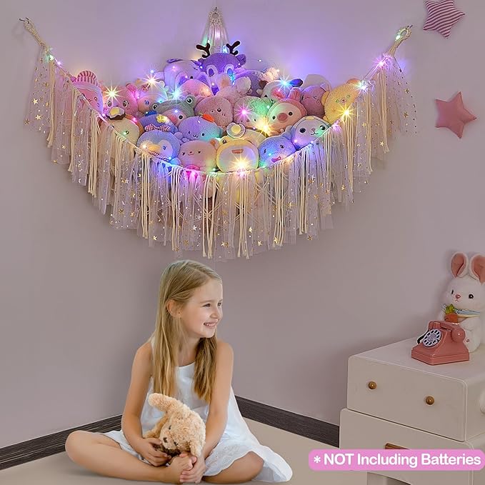 FIOBEE Stuffed Animals Net or Hammock with LED Light, Toy Hammock Hanging Stuffed Animals Storage Organizer Holder Room Décor for Nursery Kids Bedroom