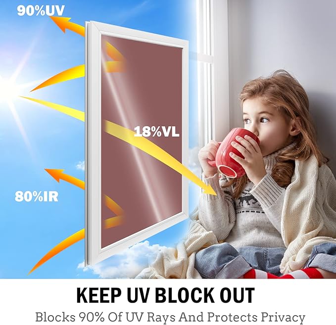 Niviy One Way Window Film Privacy Mirror Effect Self-Adhesive Window Tint UV Heat Control Glass Door Film for Home and Office, Tea-Silver 35.4 x 78.7 inches