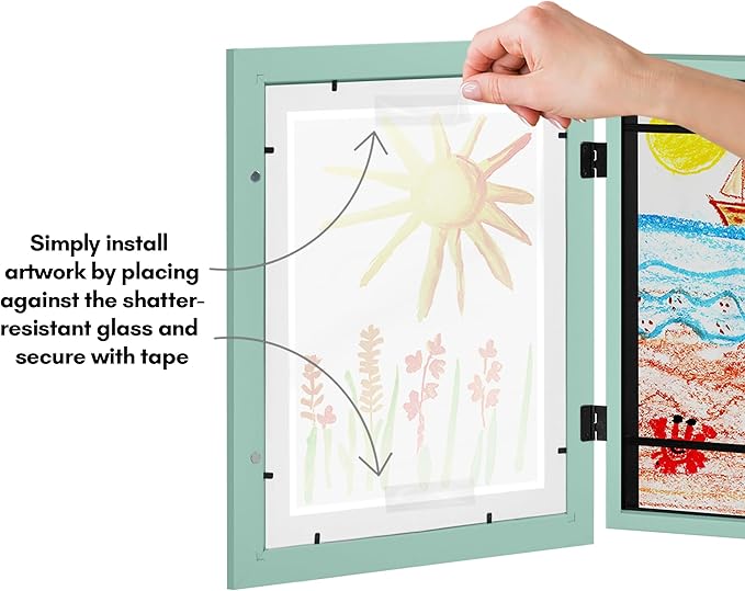 Americanflat Kids Artwork Frame Changeable (Seafoam Green) - Magnetic Door Holds 100 Art Pieces - 8.5x11 Letter Size Display with Mat or 10x12.5 Without Mat - My Mini Masterpiece