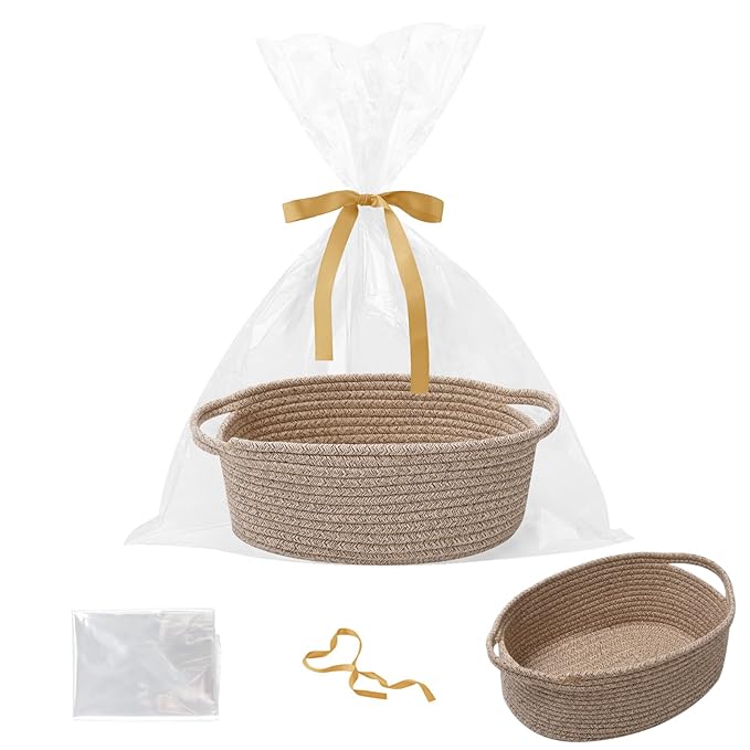 Small Woven Rope Basket-Empty Gifts Basket with Bag and Ribbons,Cute Handle Organizer Box for Birthday/Baby Shower, Toy Storage, Nursery Organizing & Shelf Decor(Mixed Brown)