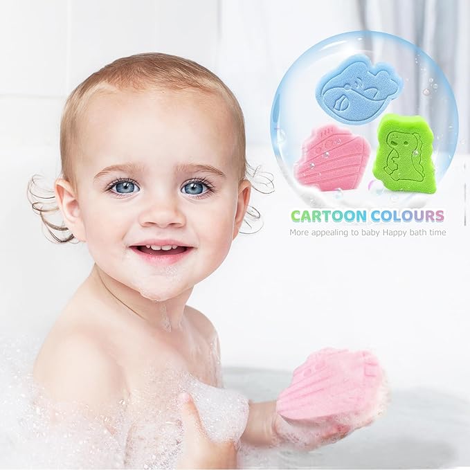 DANCELF Baby Bath Sponge, Natural Cute Shapes Soft Shower Sponges for Bathing, Bathtub Foam for Infants and Toddler, 3pcs : Blue Whale, Pink Ship, Green Dinosaur