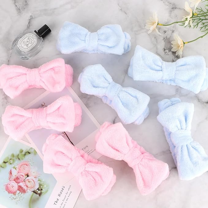 Ondder Spa Headbands for Women, Bow Makeup Skincare Headbands for Washing Face, Pink and Blue, Soft Coral Fleece, 8 Pack