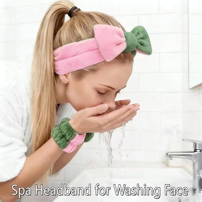 7 Pcs Spa Set, Facial Headband and Wristband Set, Skincare Accessories, College Style Girl Idea Gifts, Hair Accessories for Women and Girls（Pink Green）