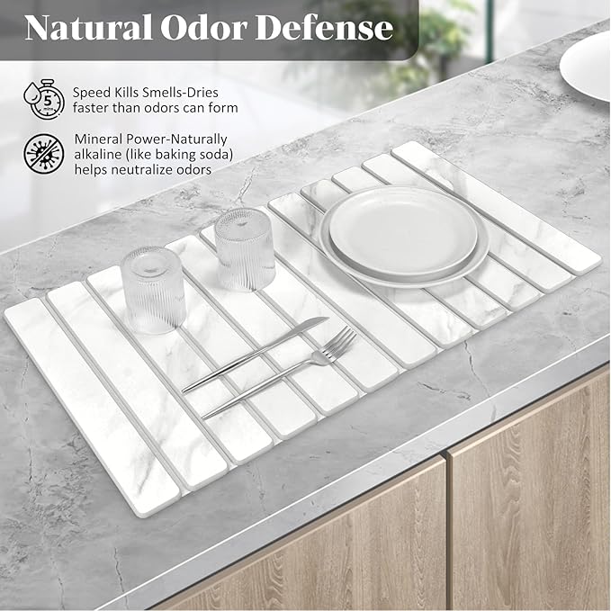 Large Stone Dish Drying Mats for Kitchen Counter, 28"(L)×16"(W) Marble-Pattern, Fast Drying Collapsible Dish Drying Mat, Eco-Friendly Absorbent Diatomaceous Earth Mats for Match Countertop