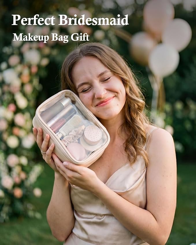 Pocmimut Makeup Bag,Small Makeup Bag TSA Approved Clear Toiletry Bag,Makeup Case Pouches Car Accessories Storage for Women,Travel Essentials Organizers,Beige