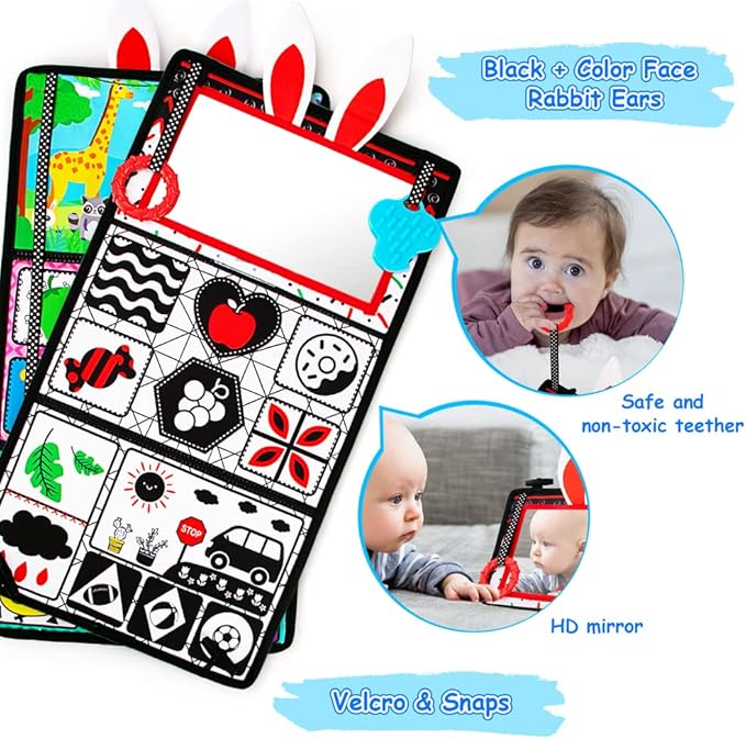 Inbeby Tummy Time/Baby Mirror Toys, Black and White High Contrast Tabletop Mount Baby Newborn Toys 0 3 6 Months Brain Development, Sensory Texture Piano Infant Toys 0 3 6 Months with Squeaker