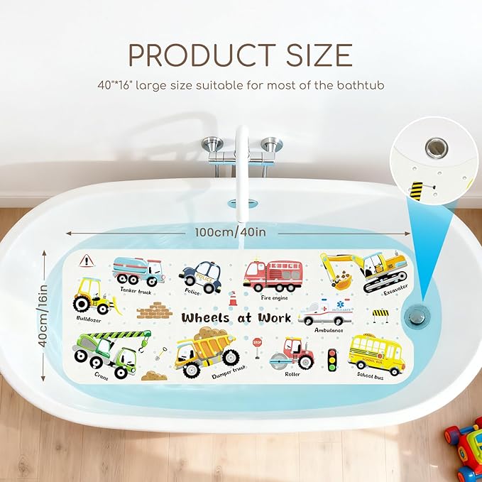 Omedecal Baby Bath Mat for Tub, Non Slip Kids Bath Shower Mat, 40 X 16 Inch Large Bathtub Mat with Drain Holes and Suction Cups for Toddlers, Machine Washable and Waterproof (Excavator)