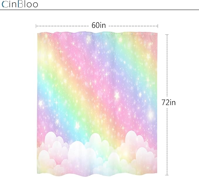 Kids Rainbow Shower Curtain 60Wx72H Girls Pastel Cartoon Cute Colorful Sky Clouds Stars Aesthetic Bathroom Curtain Set Girly Bath Curtain Cloth Fabric Bathroom Accessories Decor with 12 Hooks