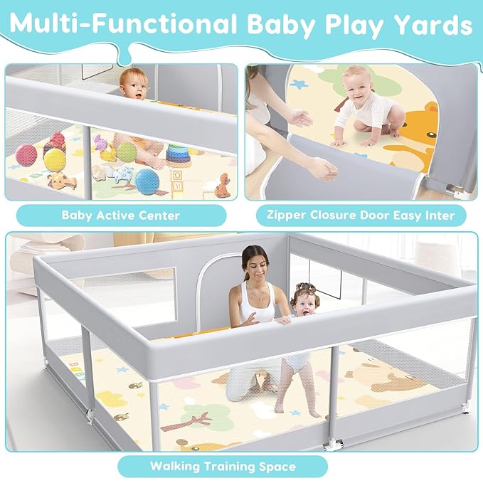 Fshibila Baby Playpen with Mat, Baby Playard for Toddlers, Sturdy Safety Play Yard with Soft Breathable Mesh, Anti-Fall, 50 * 50 * 27 inches Grey