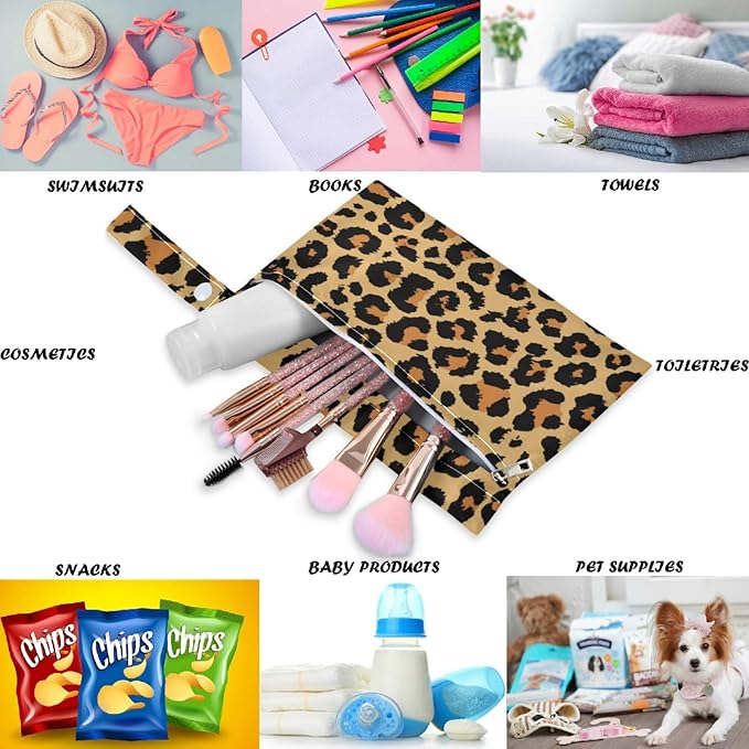 visesunny Leopard Grain 2Pcs Wet Bag with 2 Zippered Pockets Snap Handle Washable Reusable Roomy for Travel,Beach,Pool,Daycare,Stroller,Diapers,Dirty Gym Clothes, Wet Swimsuits, Toiletries