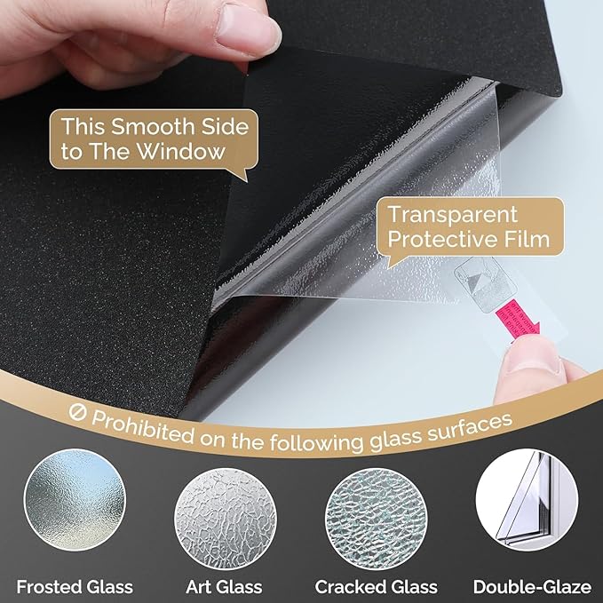 DOWELL Blackout Window Film, 100% Light Sun Blocking Static Cling Frosted Privacy Film for Glass, Heat Control Removable Window Tint, Room Darkening Cover for Day Sleep, Black, 17.5" x 157.5"