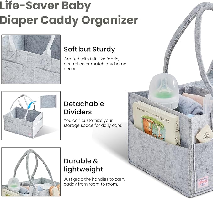 Upgraded Baby Diaper Caddy Organizer, Portable Nursery Storage Bin with Handle, Side Pockets Car Organizer for Diapers and Baby Wipes Essentials, Registry Gift Baskets (1Pcs-Large-Grey)
