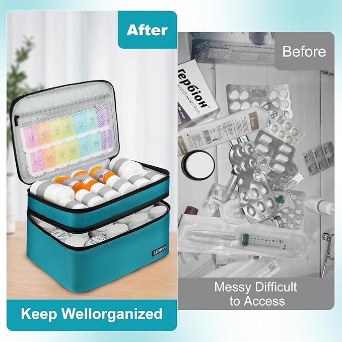 LEFOR·Z Medicine Storage Bag,Double Layers Pill Bottle Organizer Bag Empty with Lockable Zipper&Adjustable Divider,Medication Travel Carrying Bag for Pills,Vitamins,Medical Supplies,Teal Color