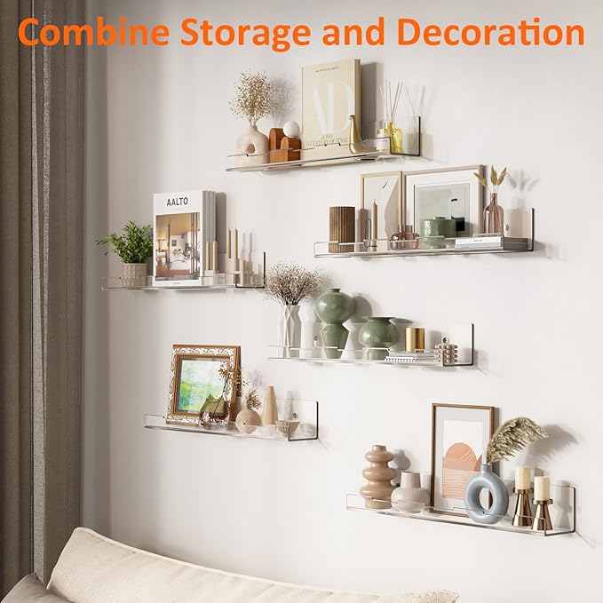 6 Pack Vinyl Wall Mount Shelf, 12" Vinyl Record Holder, Clear Record Shelf Display and Storage, Acrylic Shelves for Wall, Nursery, Living Room, Bedroom