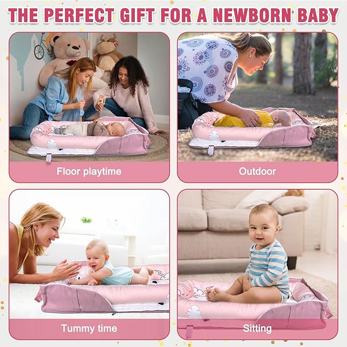 UGRASEA Baby Lounger, Foldable Portable Infant Lounger, Soft Breathable Baby Nest Cover, Suitable for 0-24 Months Newborn Baby Lounger,Home Travel Dual-Purpose Baby Nest (Pink R)