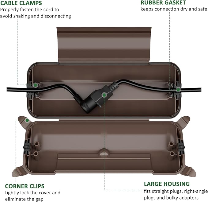 Flemoon Outdoor Extension Cord Safety Cover with Waterproof Protector Seal, Weatherproof Electrical Connection Box, Brown