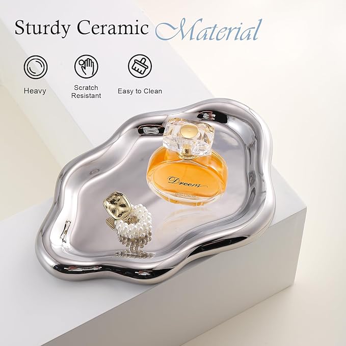 Ceramic Jewelry Tray Trinket Dish, Decorative Cloud Vanity Key Tray for Women, Ring Holder Dish, Cute Jewelry Plate Bowl Room Decor Aesthetic, Silver, Medium