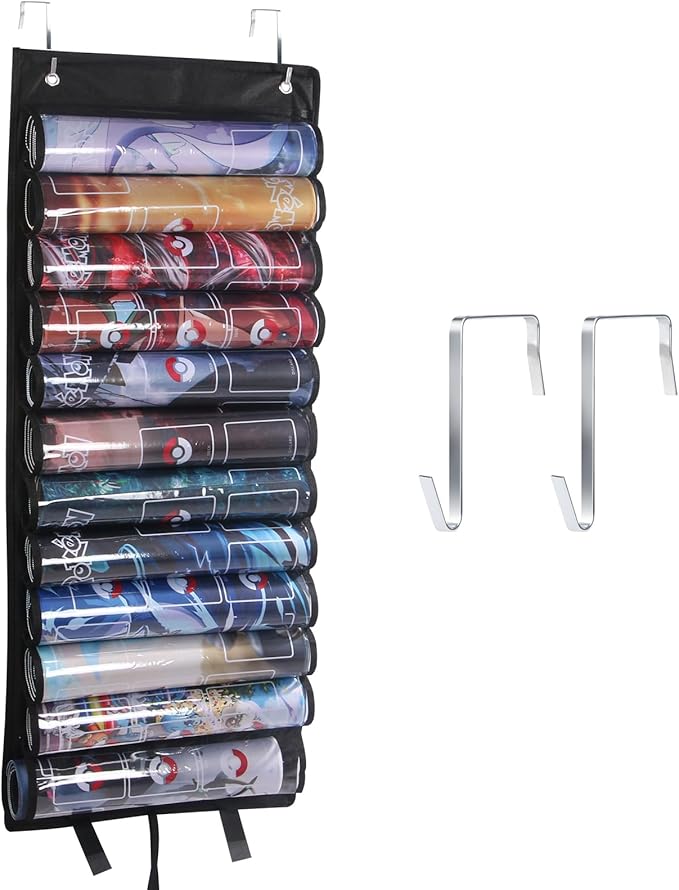 JIEENDLESSLUS Playmat Tube Storage Bag, Hanging Playmat Organizer For MTG Playmat Holder, Fits 12+1 Card Game Playmats with Transparent Plastic Slots, Portable Playmats Case For TCG/RPG Play Mat