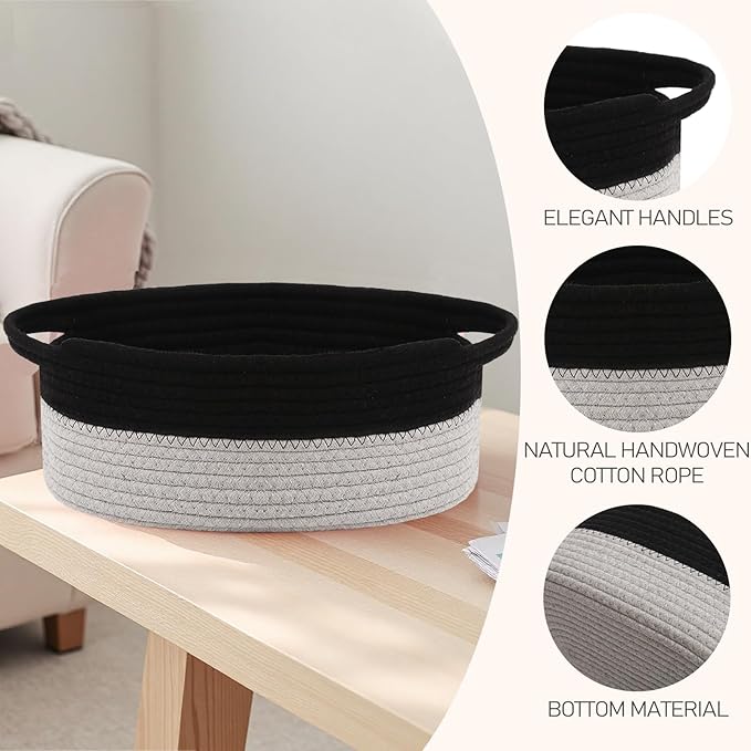 JMvicyroam Woven Basket,Small Rope Storage Bin with Handles & Ribbon Bag, Organizer for Shelves Closets,Gift Basket Empty for Birthday,Books,Dog Toys, Black&Grey/3 Pack