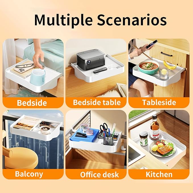 Blissfuhue Bedside Caddy for Dorm Bed - Clip On Nightstand with Cup Holder, Floating Bed Side Table Tray Storage,College Dorm Room and Kids Room Essentials,Blending Decor and Storage （White）