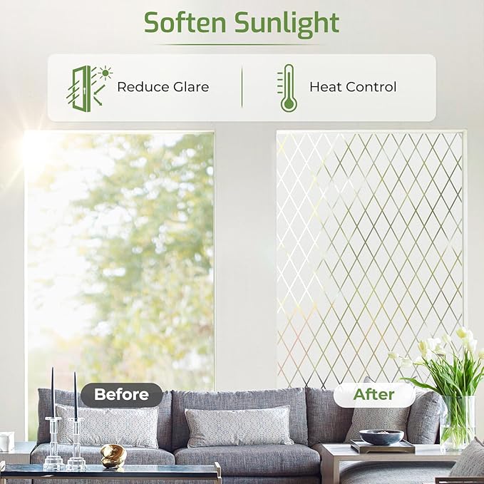 LUTE Frosted Glass Window Privacy Film, Static Cling Non-Adhesive Heat Control Window Cover, Removable Decorative Frosting Decals for Home Office, Lattice Pattern, 23.6" x 118.1"