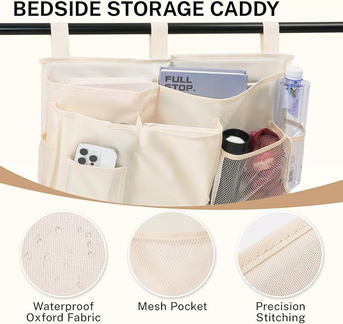 Bedside Caddy - Durable Oxford Fabric Bedside Storage and Bed Organizer，Hanging Bed Organizer for Bedroom，Bunk Bed，Dorm and Hospital (Beige)