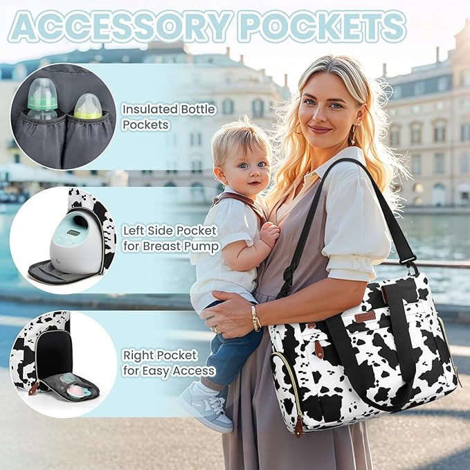Pritent Diaper Bag Tote for Working Mom, Large Travel Diaper Tote for Mom and Dad with 14 Inch Laptop Sleeve, Mommy Maternity Travel Baby Bag for Boys and Girls, Cowprint