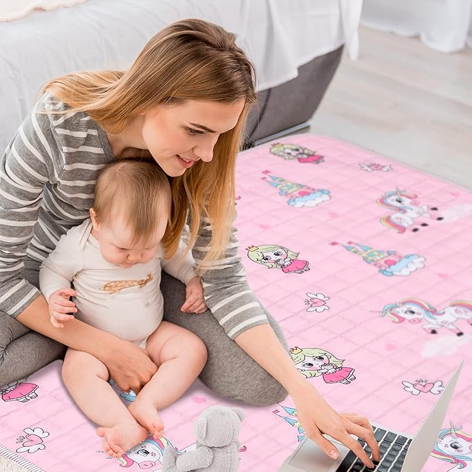 Funtery 43 x 43 Inch Boho Baby Play Mat Portable Crawling Washable Foldable Tummy Time Non Slip Baby Floor Large Playpen Mat for Infants Toddlers Floor Playpen Activity(Pink Unicorn)