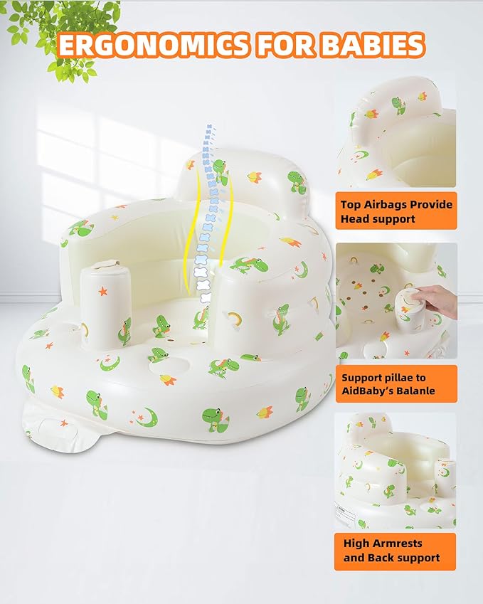 AGITVPS Inflatable Baby Seat for Babies 3-36 Months, Built in Air Pump Baby Chair Sit Me up Floor Seat for Baby, Bumbo Seat for Learning to Sit, Feeding, Camping (Pillar-Dinosaur)