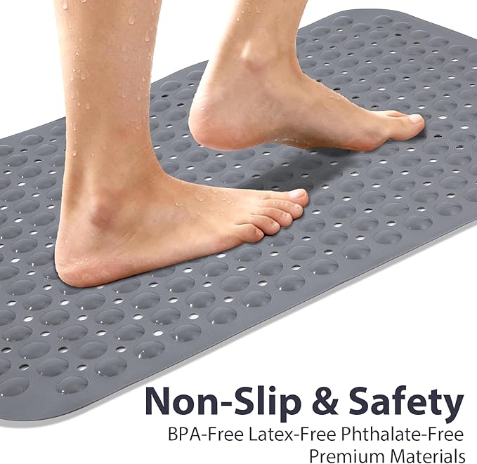 Large Shower Mat 21.5x33.5 Inch Grey, Soft Non Slip Shower Mats for Inside Shower with Big Suction Cups Drain Holes, Extra Large Bath Bathtub Mat Floor Stall Mats, BPA-Free, Easy Clean