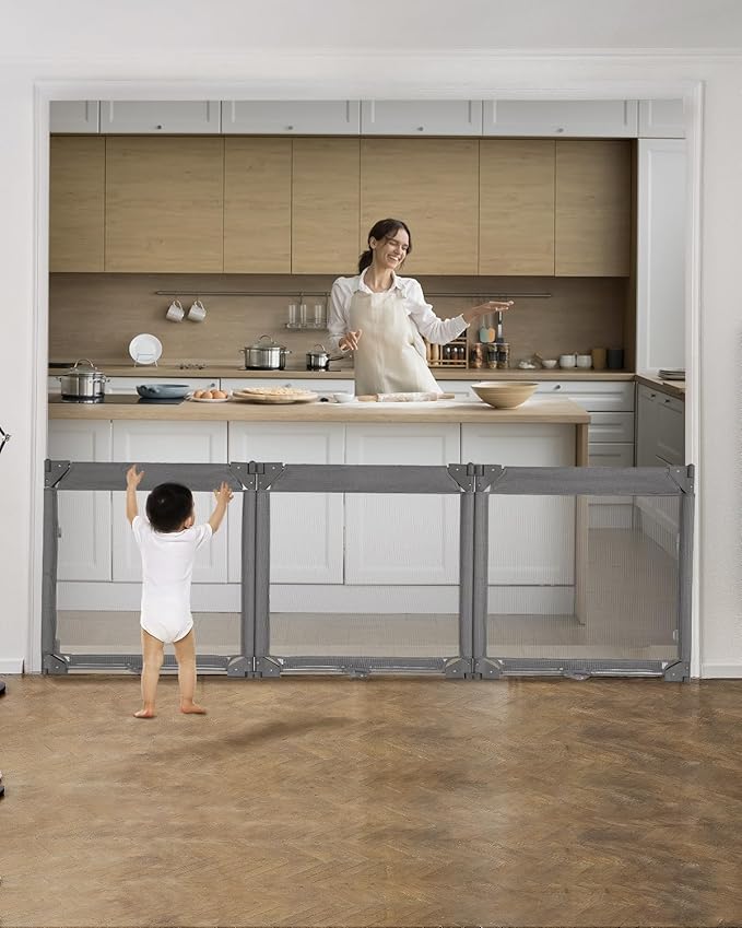 Dearlomum Extra Wide Baby Gate Playpen with Heat-Resistant Mesh,3 Panel Foldable Baby Fence,Indoor/Outdoor Safety Barrier,Dog Playpen &Fireplace Gate,Grey