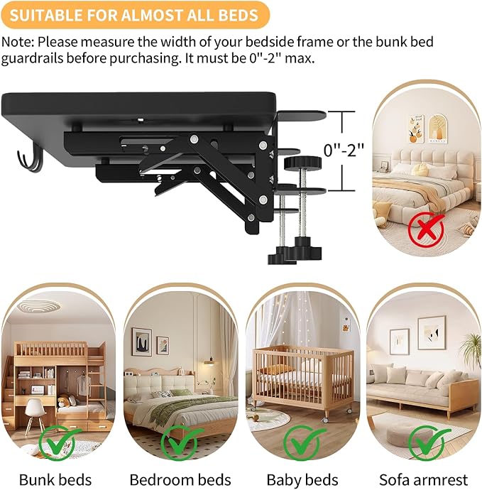 Bedside Shelf, Bedside Shelf for Dorm Bunk Bed, Clip On Nightstand Foldable, College Dorm Room Essential Bedside Tray with Magnetic Mat and Cable Management for Dormitory Black