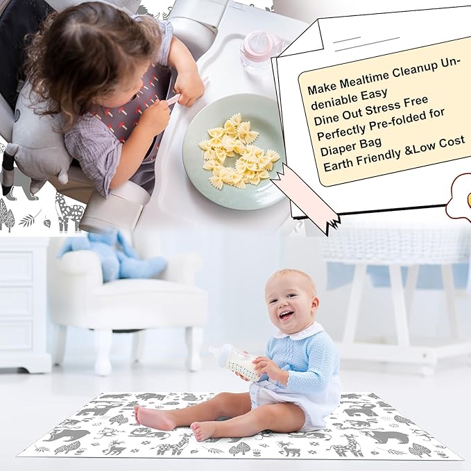 Drydiet 100 Pack 28"x47" Disposable Floor Splat Mats for Under High Chair with Animals Print, Waterproof Plastic Floor Mat Multipurpose Baby Led Weaning Supplies(Forest Animal)