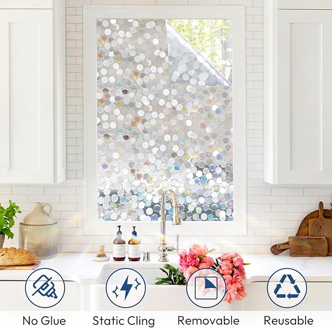 rabbitgoo Window Privacy Film, Rainbow Stained Glass Window Film, 3D Decorative Static Cling Coverings Non-Adhesive, Removable Glass Stickers for Home Door, Circle Design, 23.6" x 78.5"
