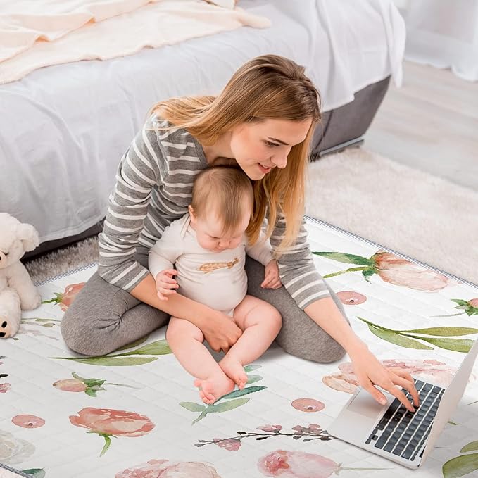 Funtery 43 x 43 Inch Boho Baby Play Mat Portable Crawling Washable Foldable Tummy Time Non Slip Baby Floor Large Playpen Mat for Infants Toddlers Floor Playpen Activity(Flower Theme)