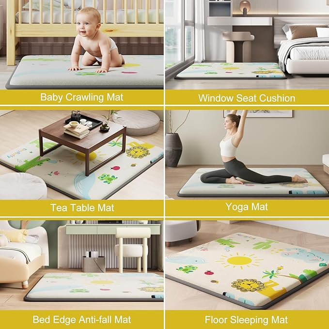 Baby Play Mat for Floor, 1.3" Thick Elasti-Foam Baby Play Mat, 71x59 Playpen Mat for Toddlers Infant kids, Water Repellent Soft Coral Velvet Crawling Mat for Floor, Non-Slip Backing Safe Jungle Safari