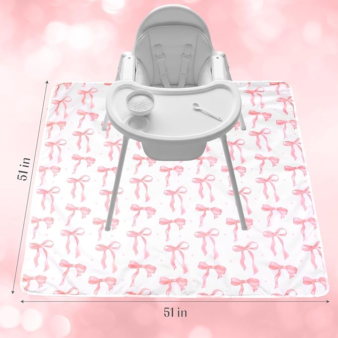 Drydiet Baby Splat Mat for Under High Chair/Arts/Crafts 51 x 51 Inch Pink Bow High Chair Mat Food Catcher Baby Eating Essentials Anti-Slip Waterproof and Washable Floor Protector and Table Cloth