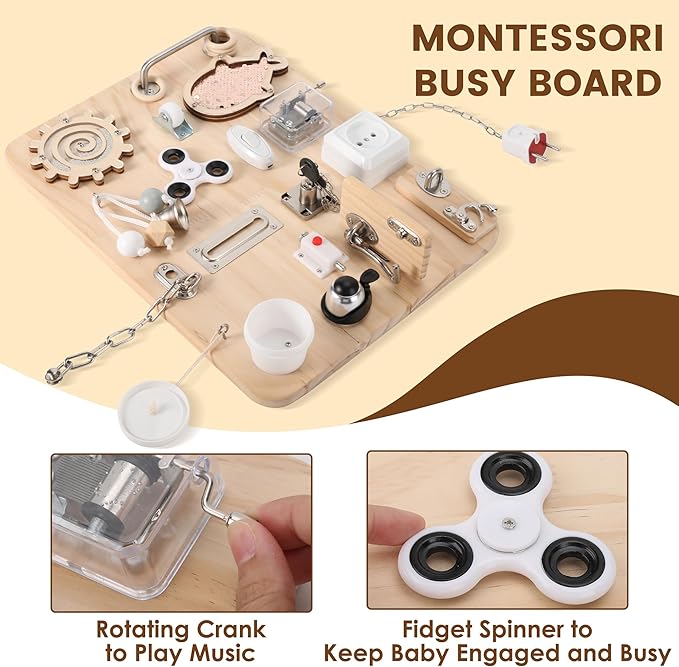 Pithfor Wooden Montessori Busy Board, Montessori Sensory Activity Board Toys for Kids Toddler Baby Boys Girls, for Autism & ADHD Motor Skills