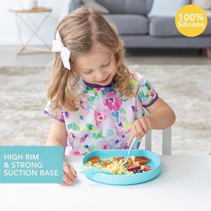 Bumkins Toddler and Baby Suction Plate, Silicone Grip Plate for Babies and Kids, Baby Led Weaning, Children Feeding Supplies, Non Skid Sticky Bottom, Platinum Silicone, Ages 6 Months Up, Blue