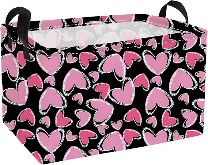 Essme Rectangular Valentine's Day Baskets Cute Storage Box,Heart Storage Bins Organizer with Handles for Kids Room Decor,Gift Basket,Shelf Basket,(Black line heart)
