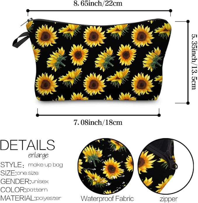 Deanfun Makeup Case Small, Cosmetic Zipper Bag Waterproof for Purse Mini, Women Cute Traveling Accessories Pouch for Ladies Thanksgiving Christmas Gifts(Sunflower D2-52355)