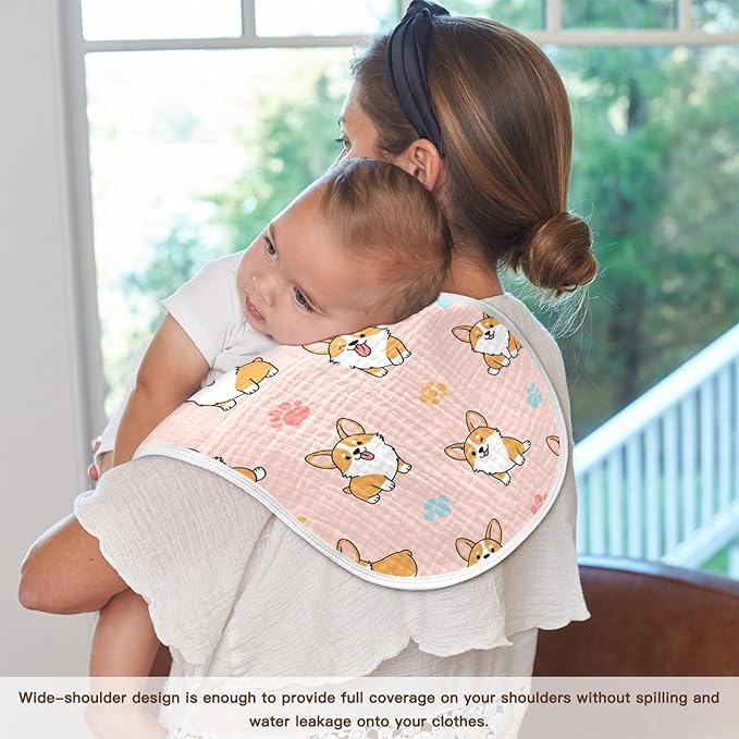 Qinllo 4 Pack Muslin Burp Cloths Cute Dogs Pink Cotton Baby Burp Cloths Ultra Absorbent and Soft Burping Cloth for Baby Boys Girls 22x11 Inch