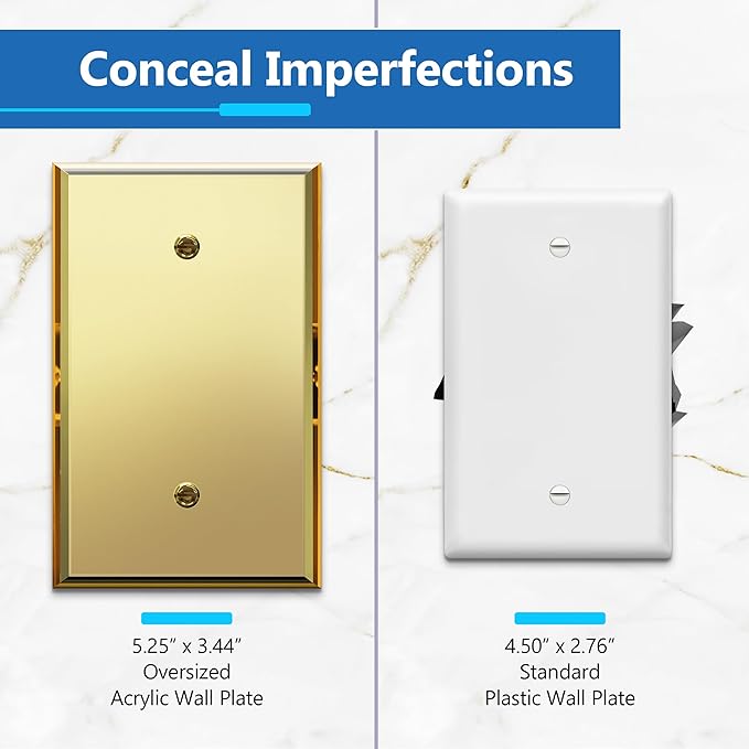 LIDER Reflective Acrylic Blank Device Wall Plate, Mirrored Cover Plate, Plexiglass Wall Plate, Acrylic Glass, Oversized 1-Gang 5.25" x 3.44", LWP-01O-AGD5P, Gold, 5 Pack
