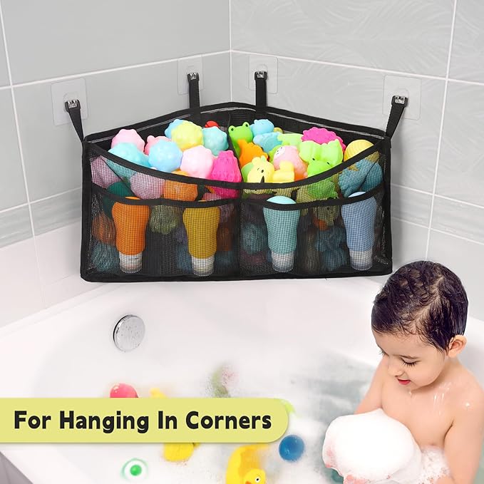 Goowin Bath Toy Organizer, Triangle Corner Bath Toy Storage, Quick Access Bath Toy Holder for Bathtub, Large Capacity Bath Storage for Toys, Quick Dry Mesh Toy Holder for Bath Hanging (Black)