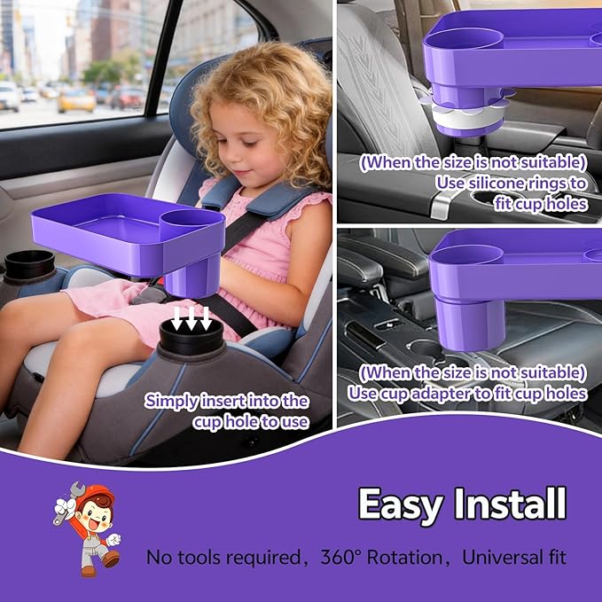 Car Seat Snack Tray for Kids Toddler Travel,Cup Holder Expander for Car,Toddler Travel & Road Trip Accessory for Mess-Free Snacking in The Car (Purple)