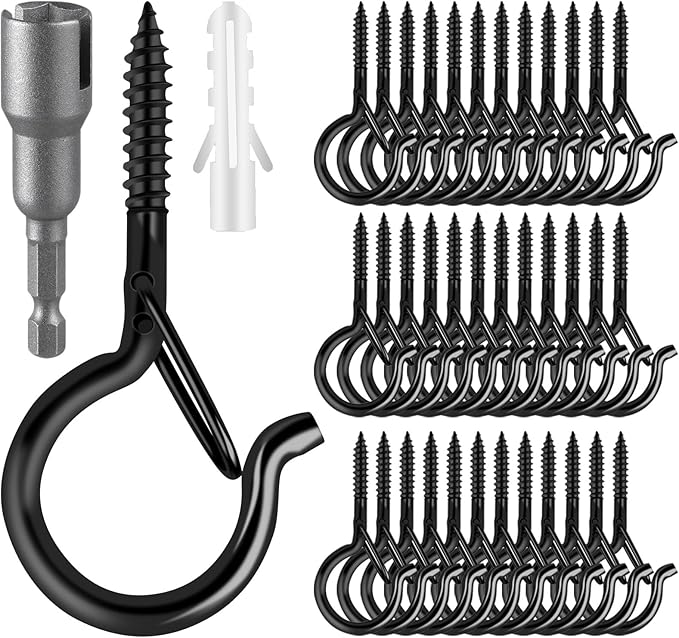 FSAH 96 PCS Q-Hanger Hooks, Screw Hooks for Outdoor String Lights, Safety Buckle Design Cup Eye Hook for Hanging Christmas Lights, Plants, Mounted on Wall Ceiling, Include 1 Wing Nut Driver, Black