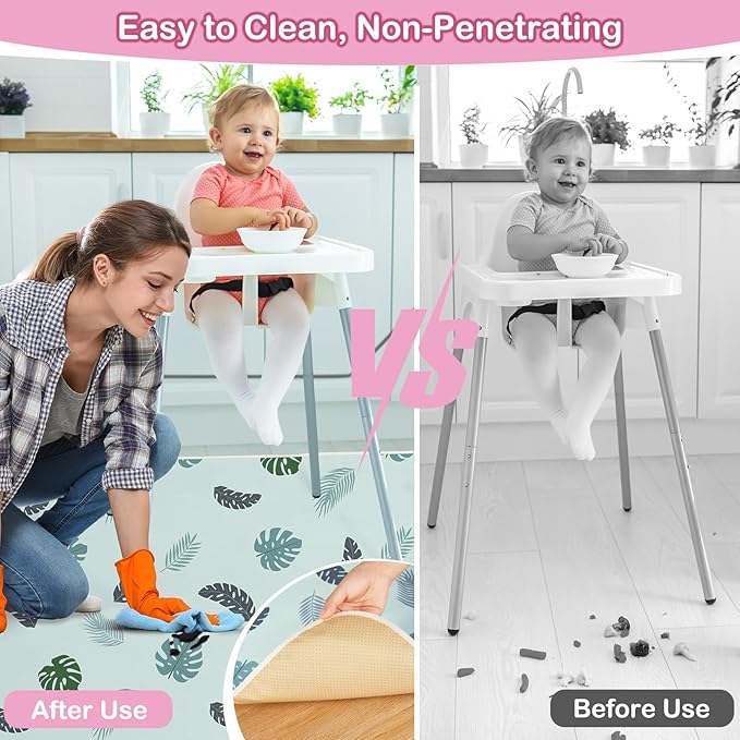 Basumee Splat Mat High Chair Mat Waterproof Baby Play Splat Mat for Under High Chair Food Catcher Highchair Mat for Floor Non Slip Bottom, Blue Leaves, 46x42 Inches